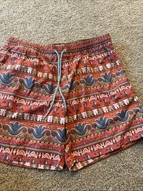 JCrew  Rust Orange Patterned Drawstring swim Shorts with pockets unlined size L